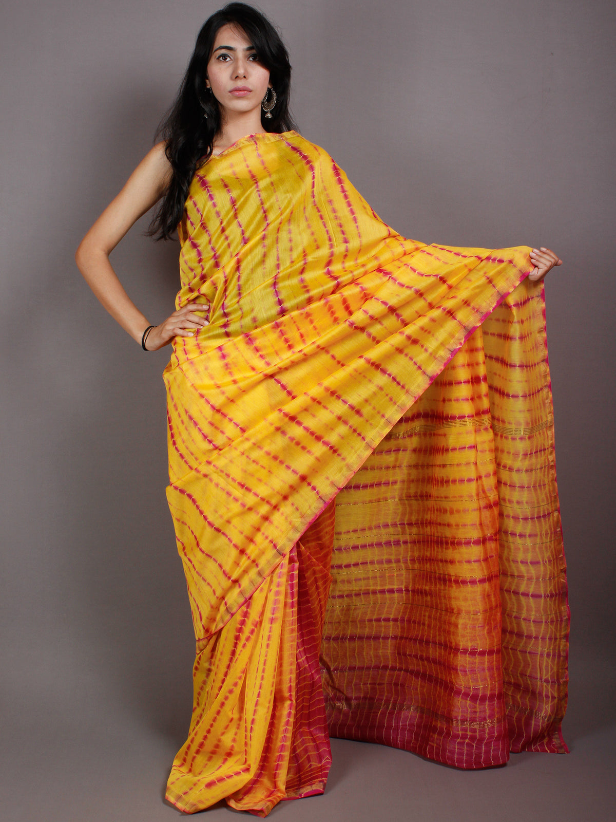 Yellow Pink Hand Shibori Dyed in Natural Colors  Chanderi Saree - S03170541