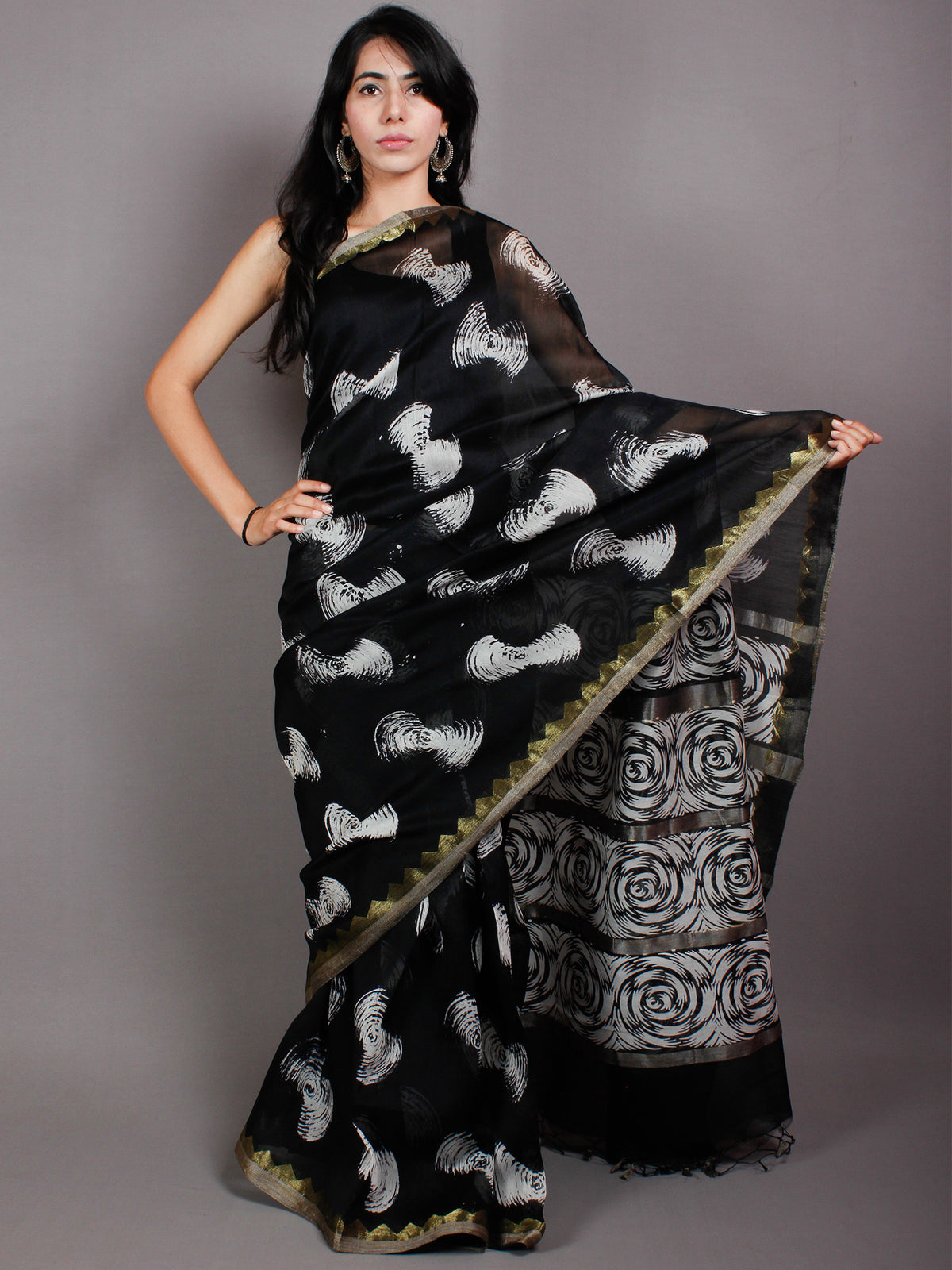 Black Ivory White Hand Block Printed in Natural Vegetable Colors Chanderi Saree With Geecha Border - S03170543