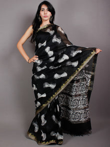 Black Ivory White Hand Block Printed in Natural Vegetable Colors Chanderi Saree With Geecha Border - S03170543