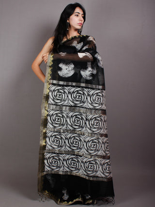 Black Ivory White Hand Block Printed in Natural Vegetable Colors Chanderi Saree With Geecha Border - S03170543
