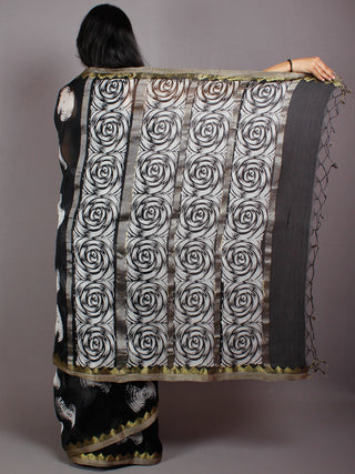 Black Ivory White Hand Block Printed in Natural Vegetable Colors Chanderi Saree With Geecha Border - S03170543