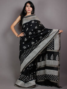Black White Hand Block Printed in Natural Vegetable Colors Chanderi Saree With Geecha Border - S03170544