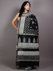 Black White Hand Block Printed in Natural Vegetable Colors Chanderi Saree With Geecha Border - S03170544