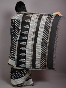 Black White Hand Block Printed in Natural Vegetable Colors Chanderi Saree With Geecha Border - S03170544