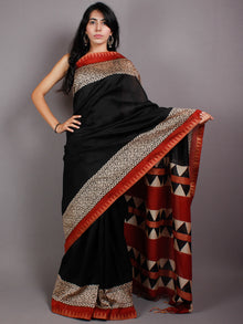 Black Beige Red Block Printed & Painted in Natural Vegetable Colors Chanderi Saree With Geecha Border - S03170546