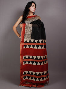 Black Beige Red Block Printed & Painted in Natural Vegetable Colors Chanderi Saree With Geecha Border - S03170546