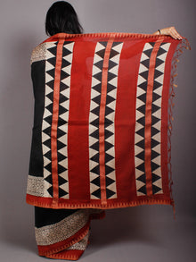 Black Beige Red Block Printed & Painted in Natural Vegetable Colors Chanderi Saree With Geecha Border - S03170546