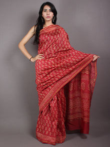 Red Pink Beige Hand Block Bagru Printed in Natural Vegetable Colors Chanderi Saree - S03170548