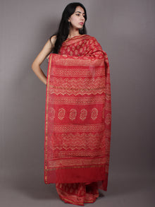 Red Pink Beige Hand Block Bagru Printed in Natural Vegetable Colors Chanderi Saree - S03170548