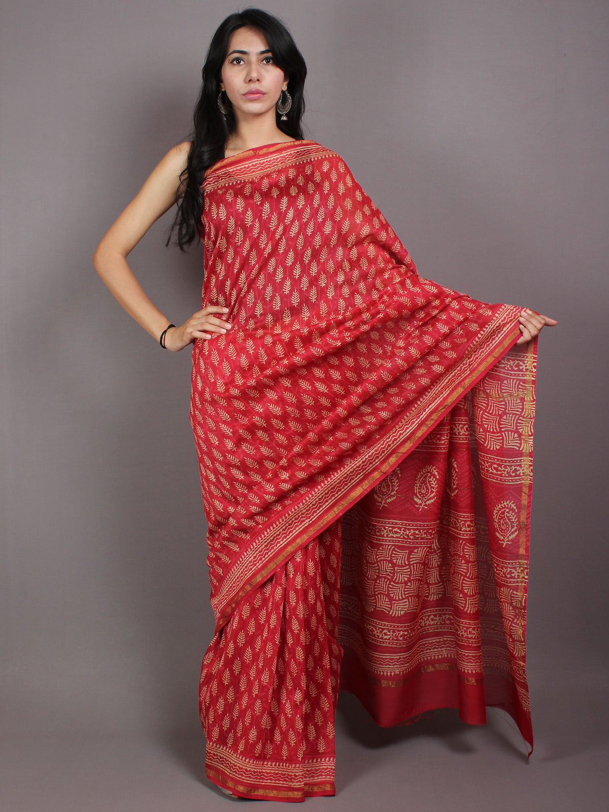 Red Pink Beige Hand Block Bagru Printed in Natural Vegetable Colors Chanderi Saree - S03170549