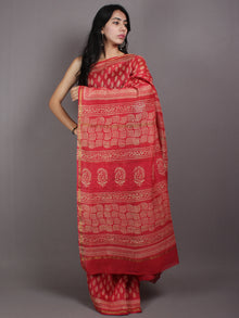 Red Pink Beige Hand Block Bagru Printed in Natural Vegetable Colors Chanderi Saree - S03170549