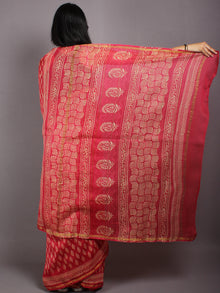 Red Pink Beige Hand Block Bagru Printed in Natural Vegetable Colors Chanderi Saree - S03170549