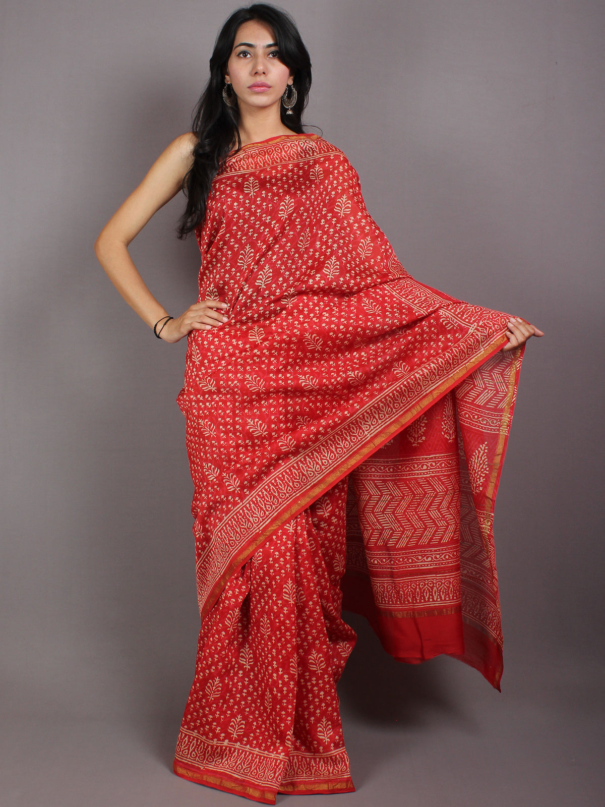 Red Pink Beige Hand Block Bagru Printed in Natural Vegetable Colors Chanderi Saree - S03170550