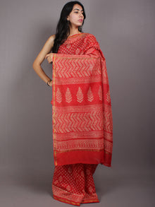 Red Pink Beige Hand Block Bagru Printed in Natural Vegetable Colors Chanderi Saree - S03170550