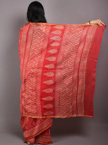 Red Pink Beige Hand Block Bagru Printed in Natural Vegetable Colors Chanderi Saree - S03170550