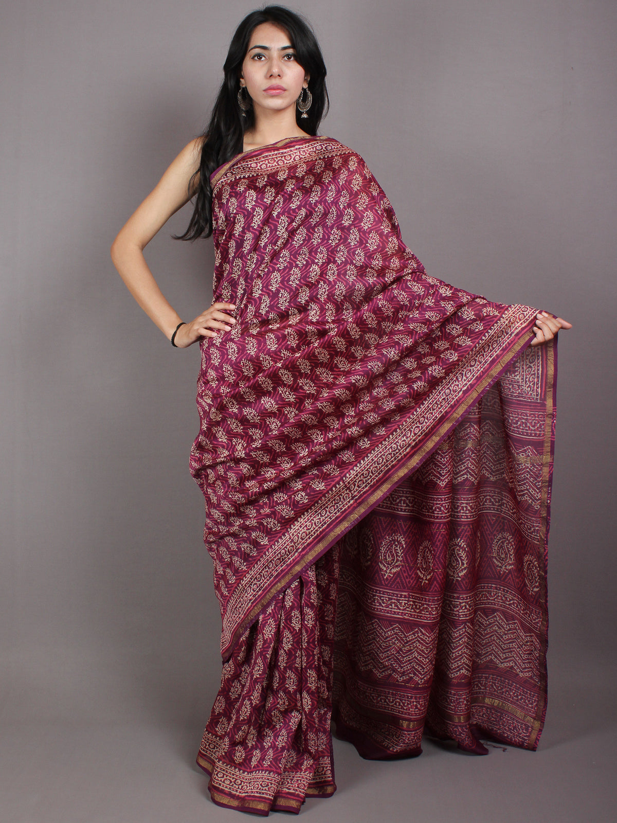 Purple Beige Pink Hand Block Bagru Printed in Natural Vegetable Colors Chanderi Saree - S03170553
