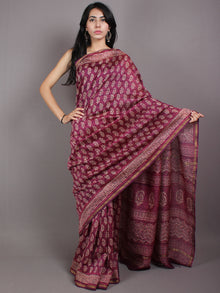 Purple Beige Pink Hand Block Bagru Printed in Natural Vegetable Colors Chanderi Saree - S03170553