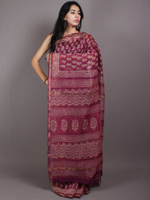 Purple Beige Pink Hand Block Bagru Printed in Natural Vegetable Colors Chanderi Saree - S03170553