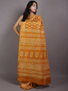 Mustard Yellow Beige Hand Block Bagru Printed in Natural Vegetable Colors Chanderi Saree - S03170556