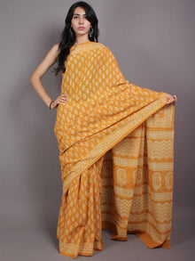Mustard Yellow Beige Hand Block Printed Cotton Saree in Natural Colors - S03170560