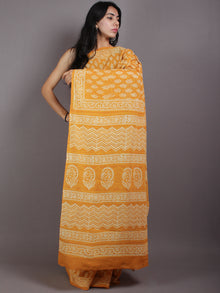 Mustard Yellow Beige Hand Block Printed Cotton Saree in Natural Colors - S03170560