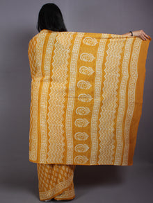 Mustard Yellow Beige Hand Block Printed Cotton Saree in Natural Colors - S03170560