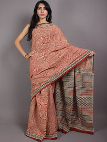 Beige Red Black Cotton Hand Block Printed Saree in Natural Colors - S03170565