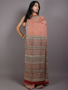 Beige Red Black Cotton Hand Block Printed Saree in Natural Colors - S03170565