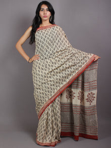 Ivory Black Red Cotton Hand Block Printed Saree in Natural Colors - S03170566