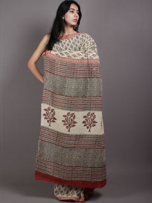 Ivory Black Red Cotton Hand Block Printed Saree in Natural Colors - S03170566