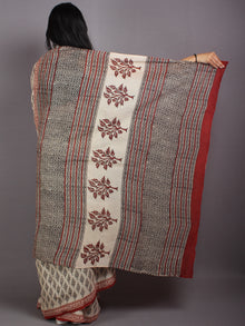 Ivory Black Red Cotton Hand Block Printed Saree in Natural Colors - S03170566
