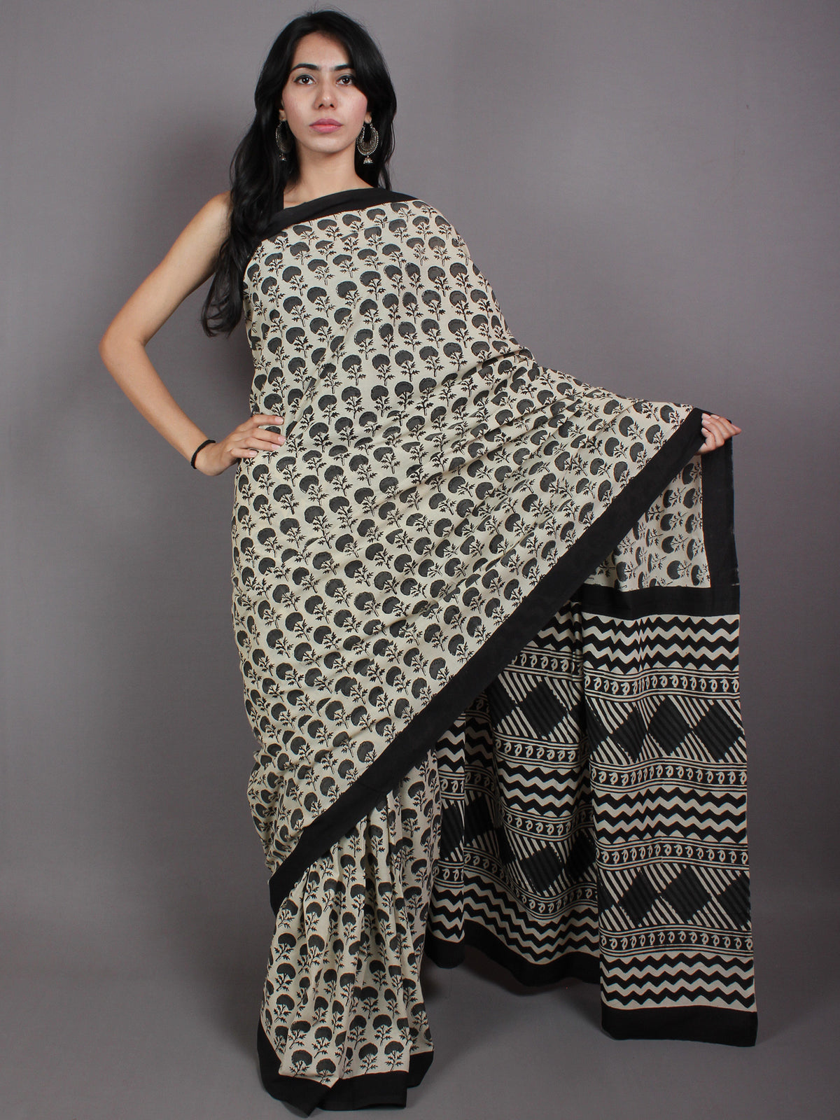 Beige Grey Black Cotton Hand Block Printed Saree in Natural Colors - S03170567