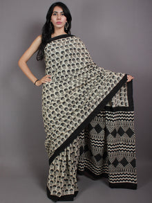 Beige Grey Black Cotton Hand Block Printed Saree in Natural Colors - S03170567