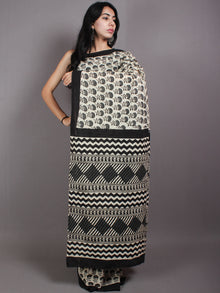 Beige Grey Black Cotton Hand Block Printed Saree in Natural Colors - S03170567