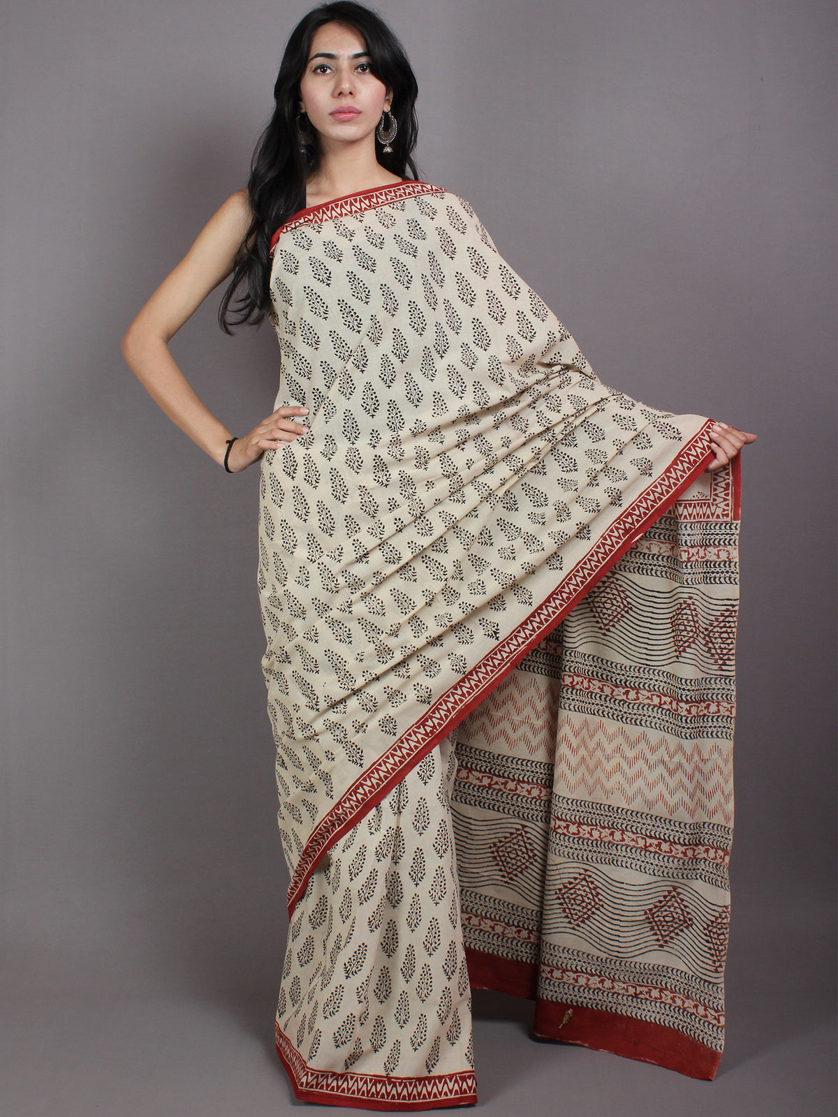 Beige Black Maroon Cotton Hand Block Printed Saree in Natural Colors - S03170568