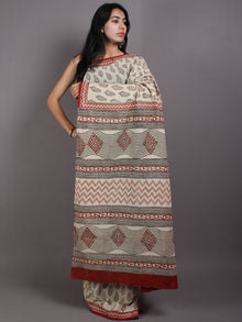 Beige Black Maroon Cotton Hand Block Printed Saree in Natural Colors - S03170568