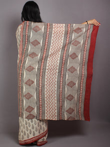 Beige Black Maroon Cotton Hand Block Printed Saree in Natural Colors - S03170568