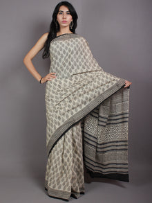 Beige Black Hand Block Printed Cotton Saree in Natural Colors - S03170569