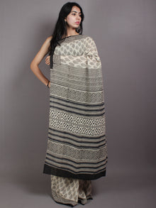 Beige Black Hand Block Printed Cotton Saree in Natural Colors - S03170569