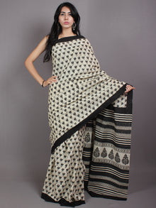 Beige Grey Black Hand Block Printed Cotton Saree in Natural Colors - S03170570