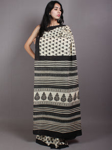 Beige Grey Black Hand Block Printed Cotton Saree in Natural Colors - S03170570