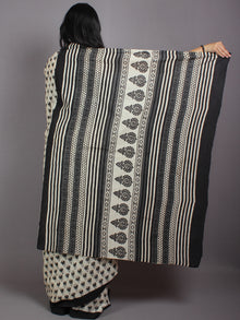 Beige Grey Black Hand Block Printed Cotton Saree in Natural Colors - S03170570