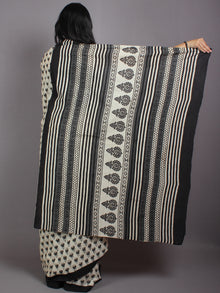 Beige Grey Black Hand Block Printed Cotton Saree in Natural Colors - S03170570