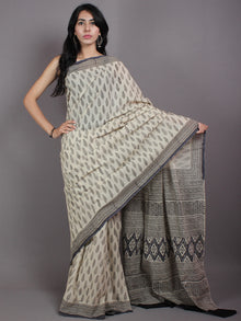 Beige Black Grey Hand Block Printed Cotton Saree in Natural Colors - S03170571