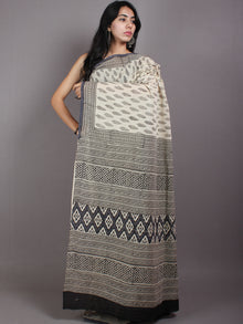Beige Black Grey Hand Block Printed Cotton Saree in Natural Colors - S03170571