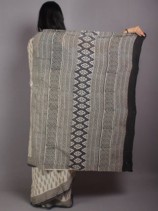 Beige Black Grey Hand Block Printed Cotton Saree in Natural Colors - S03170571