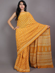 Mustard Yellow Beige Hand Block Printed Cotton Saree in Natural Colors - S03170573