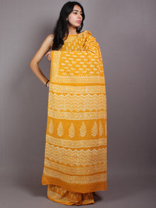 Mustard Yellow Beige Hand Block Printed Cotton Saree in Natural Colors - S03170573