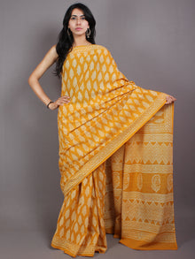 Mustard Yellow Beige Hand Block Printed Cotton Saree in Natural Colors - S03170575