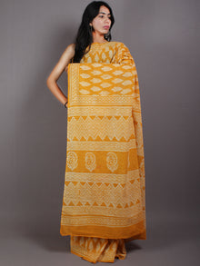 Mustard Yellow Beige Hand Block Printed Cotton Saree in Natural Colors - S03170575